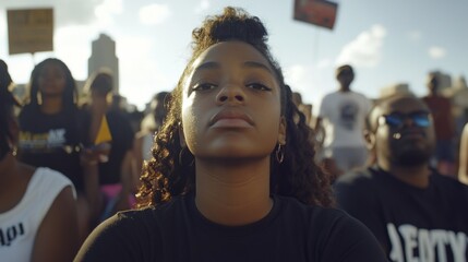 Naklejka premium Confident African American Young Woman Leading a Peaceful Protest with Other People