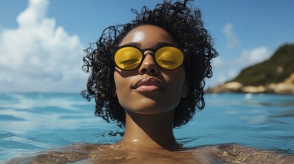Naklejka premium Portrait of a Black Woman Wearing Yellow Sunglasses Floating in Water
