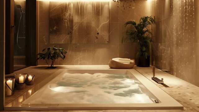 Luxurious bathroom with jacuzzi and plants.