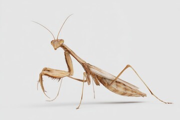 Close-up of a praying mantis, showcasing its intricate details and delicate features against a neutral background.