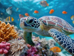 Fototapeta premium Turtle swimming in the ocean, surrounded by colorful coral reefs and tropical fish