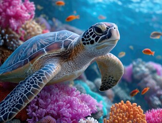 Obraz premium Turtle swimming in the ocean, surrounded by colorful coral reefs and tropical fish