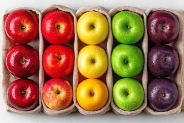 Bright assortment of fresh apples arranged neatly in burlap baskets on a light surface in a well-lit kitchen