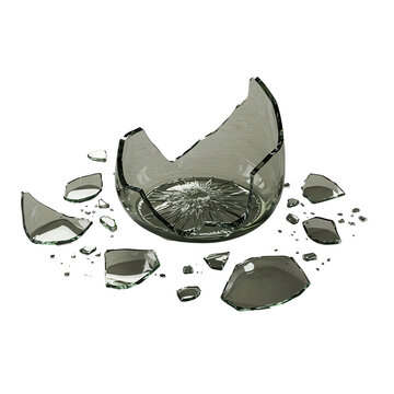 Shattered glass bowl surrounded by shards on black background creates a dramatic, broken scene