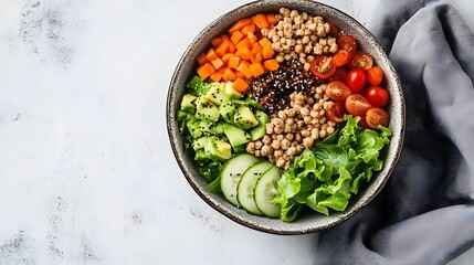 Healthy, colorful grain bowl with fresh vegetables.