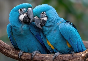 Naklejka premium Two blue macaw parrots in love, one bird is holding the other's head with its beak and wings open to keep it safe on its branch