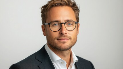 Portrait of a man with glasses and a suit jacket against a plain white background head and shoulders