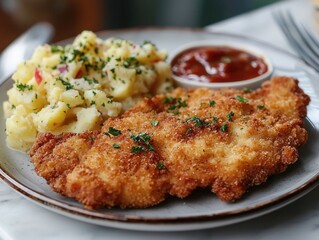 Crispy Breaded Chicken Schnitzel with Potato Salad and Sauce