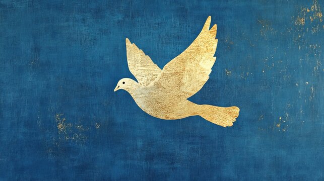 White dove flying against a blue textured background symbolising peace and hope.