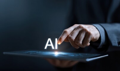 Hand touches ai text on digital screen in dark setting.