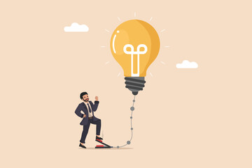 Fueling the Idea Businessman Pumping Air into a Giant Light Bulb, Symbolizing the Effort and Energy Required to Develop and Grow Innovative Concepts.