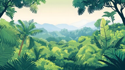 Fototapeta premium Lush tropical landscape viewed through dense foliage.