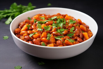 Baked Beans and Carrots in Ceramic Bowl, Grey Surface