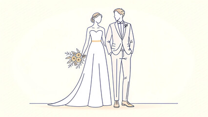 Obraz premium Full-Length Illustration of Bride and Groom Holding Hands in Elegant Wedding Attire on Soft Background.