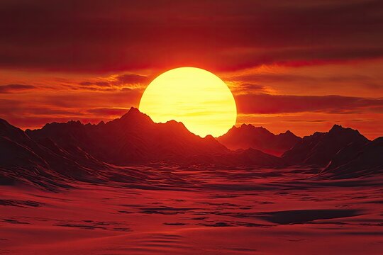 Fiery sunset over a mountain range. Vast desert landscape bathed in fiery hues of red and orange as the sun sets, illuminating a dramatic mountain silhouette