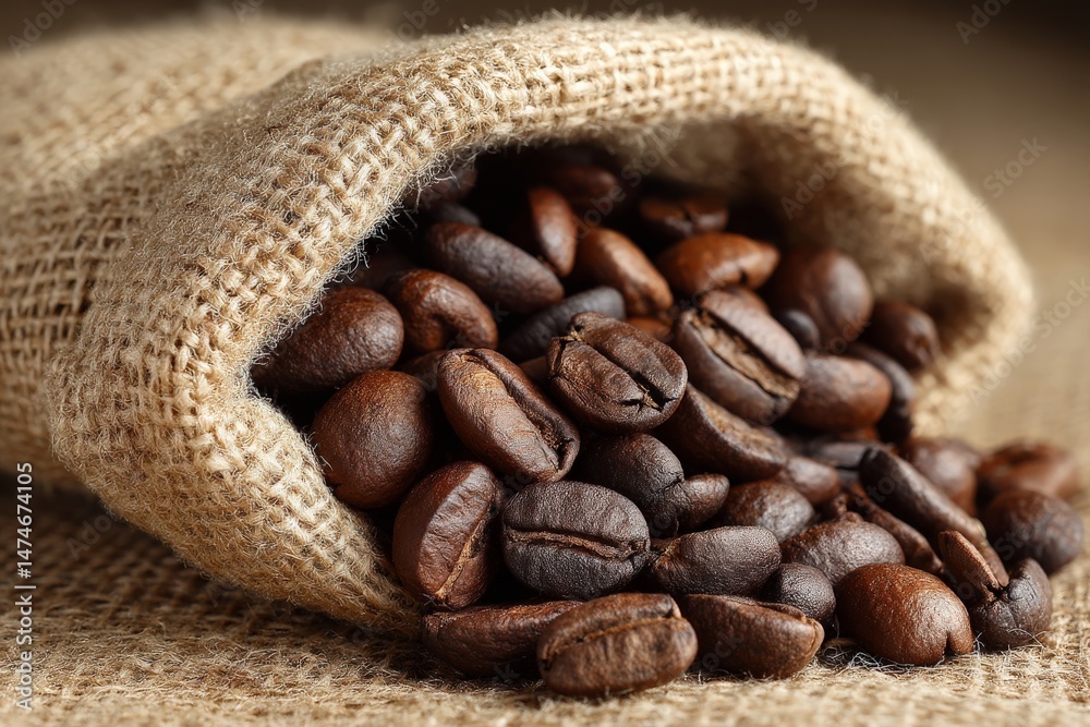Poster freshly roasted coffee beans spilling from a burlap sack on a wooden surface in a warm, inviting set