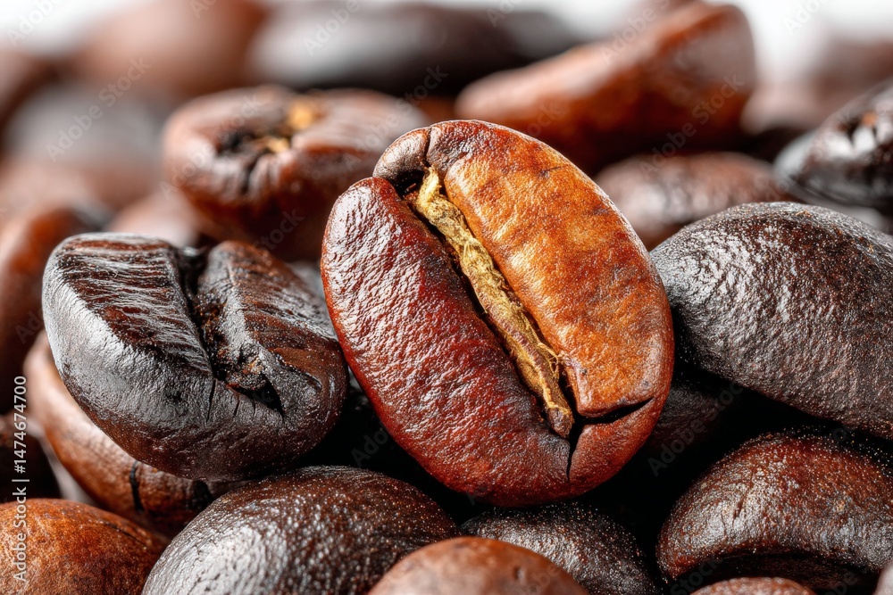 Poster coffee beans showcase rich textures and colors under soft lighting in a close-up view