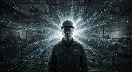 Industrial worker in hardhat surrounded by energy streams, symbolizing innovation, expertise, and technical prowess in a factory setting.