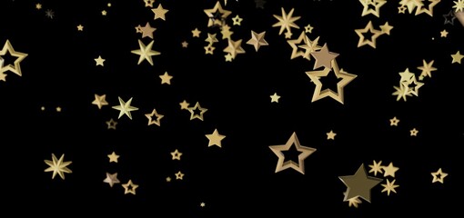 Beautiful image of gold stars falling against a black backdrop. Perfect for celebration, holiday, or festive designs.