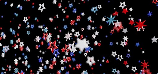 Red, white, and blue stars burst on black background. Perfect for Independence Day.