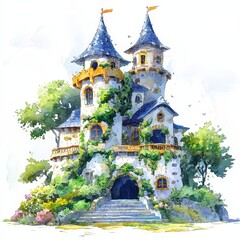 Historic castle with tower standing tall amidst rolling hills and clear blue sky on a sunny day