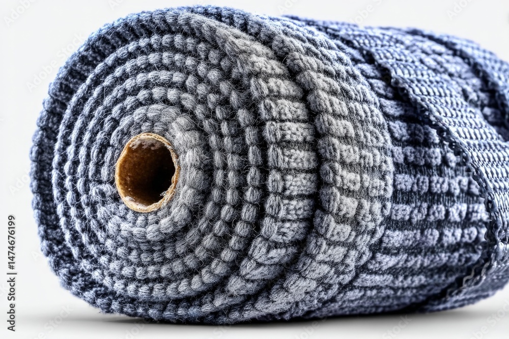 Poster Crafted textile roll showcases intricate weaving and texture in a subdued color palette of blue and gray