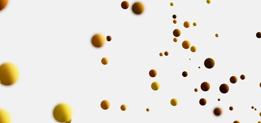 Floating gold and brown spheres on white background. Abstract art, design element.