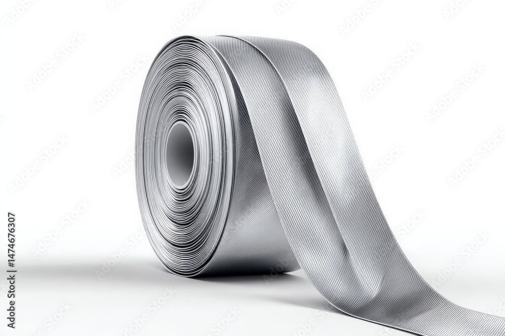 Poster silver ribbon coil lying on a white background ready for crafting and decorating during various occa