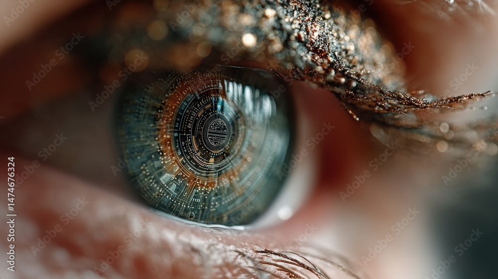 Aufkleber security access technology eye viewing digital information represented by circles and signs background depth of field technology concept.stock image
