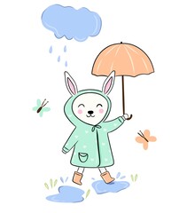 rabbit in raincoat, rain and umbrella
