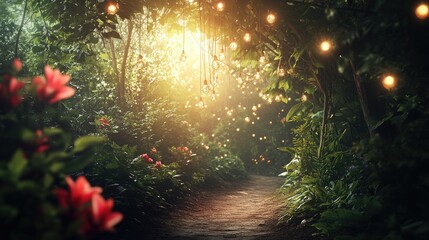 Obraz premium there is a pathway with stairs and flowers in the middle, beautiful render of a fairytale, enchanted magical fantasy