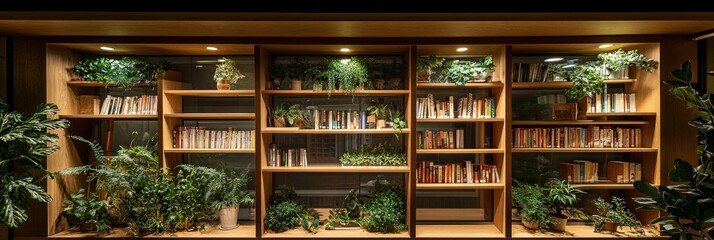 Fototapeta premium Shelves filled with plants and objects in a wooden interior setting.