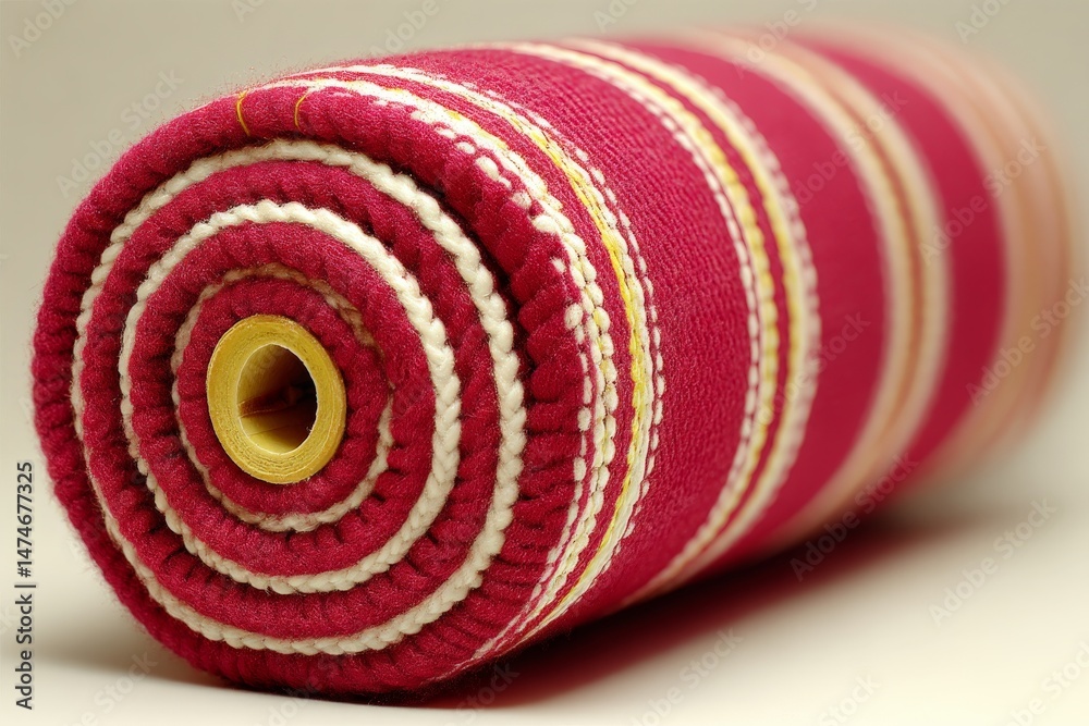 Poster Decorative textile rolled up in vibrant red and cream pattern displayed on a neutral background for home decor inspiration