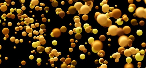 Abstract background with glowing gold and yellow spheres floating in dark space. Perfect for technology, science, or lux