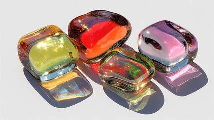 set of abstract shapes with glass texture and colorful reflections isolated on white 3d rendering illustration.stock image