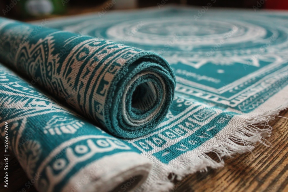 Aufkleber Elegant rolled fabric showcasing intricate patterns on a wooden table in soft lighting