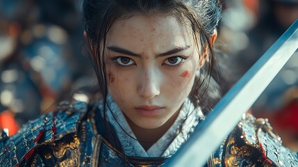 7. An intense portrait of a female samurai, dressed in intricately patterned armor, holding a katana ready for action. Her expression reflects determination and strength. The background features 