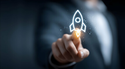 A person launching a digital rocket icon.