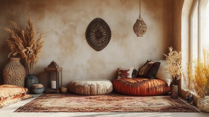 Stylish Boho Room with Pouf, Lantern, and Rug