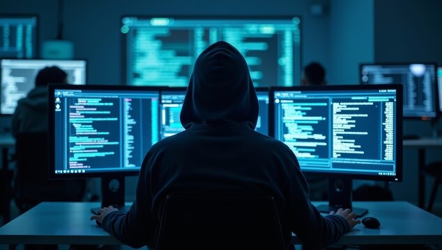 Shot from the Back to Hooded Hacker Breaking into Corporate Data Servers from His Underground Hideout. Place Has Dark Atmosphere, Multiple Displays, Cables Everywhere