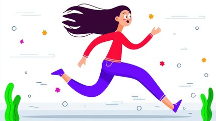 Energetic Young Woman Running in a Vibrant Digital Landscape with Colorful Elements