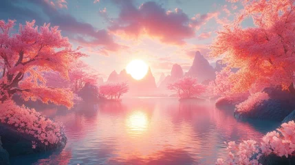 Selbstklebende Fototapeten Serene landscape with pink blossom trees and a reflective lake at sunset in a dreamy atmosphere © Digital Artist