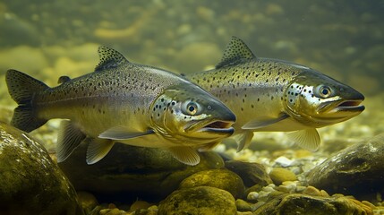 Naklejka premium Two salmon fish swimming in a shallow stream.