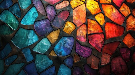 A vibrant mosaic of colorful stones in shades of blue, purple, orange, and red on a dark background