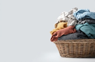 Wicker basket filled with assorted colorful clothes against a plain background.