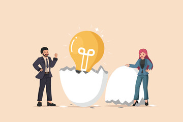 Hatching a Bright Idea Businessman and Businesswoman Observing a Glowing Light Bulb Emerging from a Cracked Eggshell, Symbolizing the Birth of Innovation.