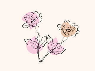 Elegant Minimalist Line Art Flowers with Abstract Shapes Pastel Pink and Beige Background