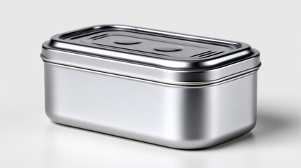 Silver rectangular box on a white surface with a lid and two circular shapes