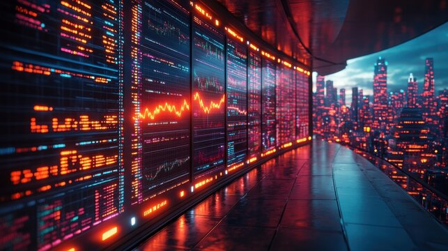 Displays Showing Stock Data with Cityscape - Powered by Adobe