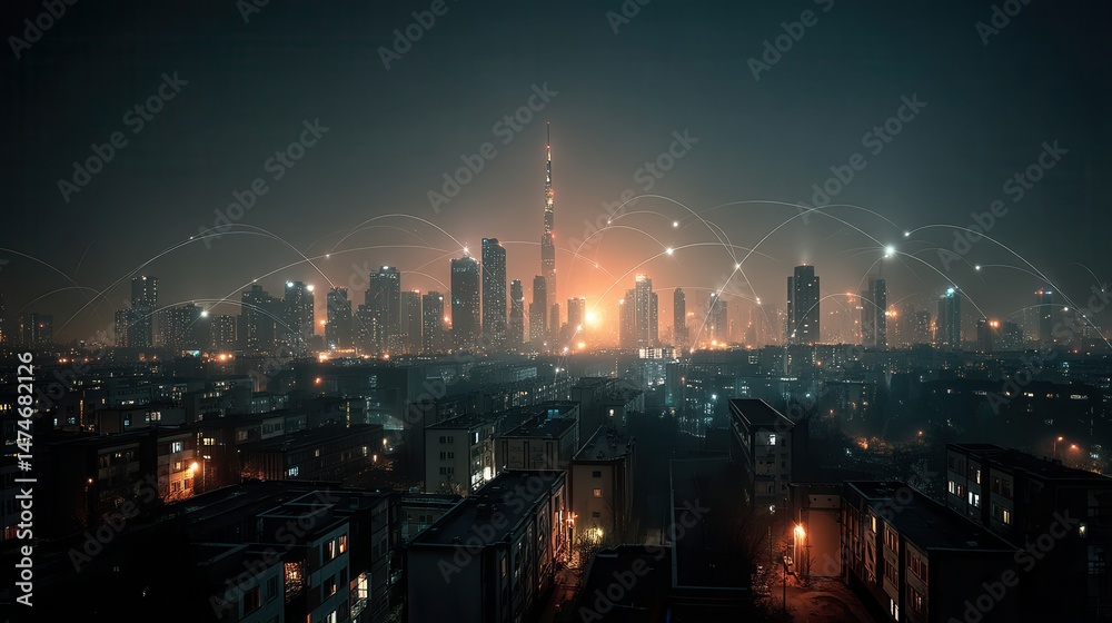 Aufkleber smart city and big data connection technology concept with digital blue wavy wires with antennas on 